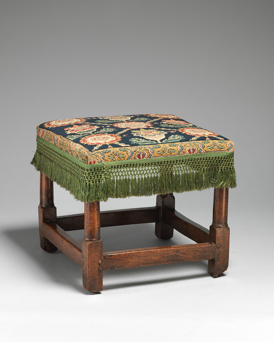 Stool, Walnut; wool and silk embroidery on canvas, British 