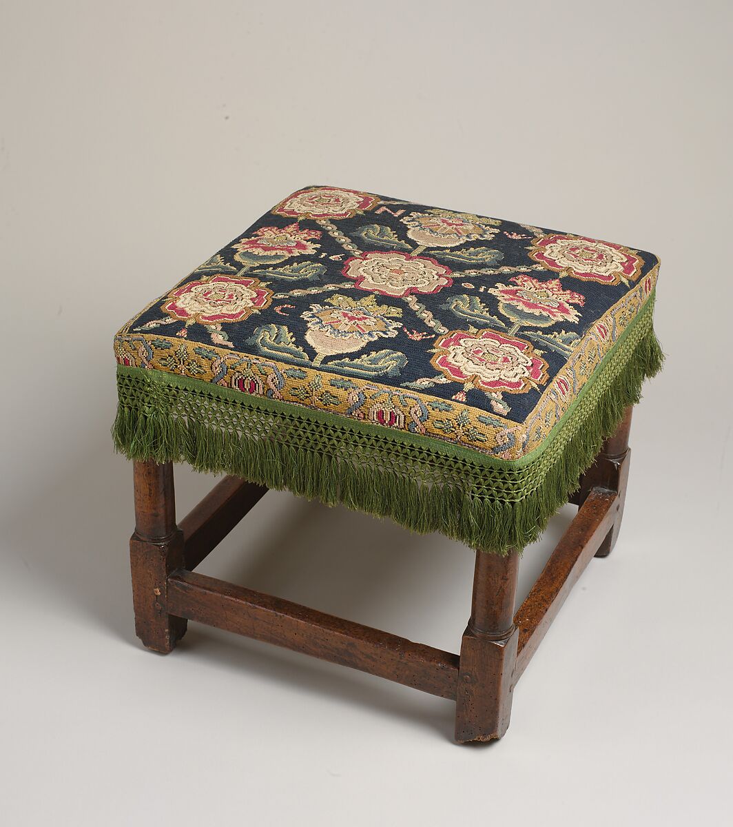 Stool, Walnut; wool and silk embroidery on canvas, British