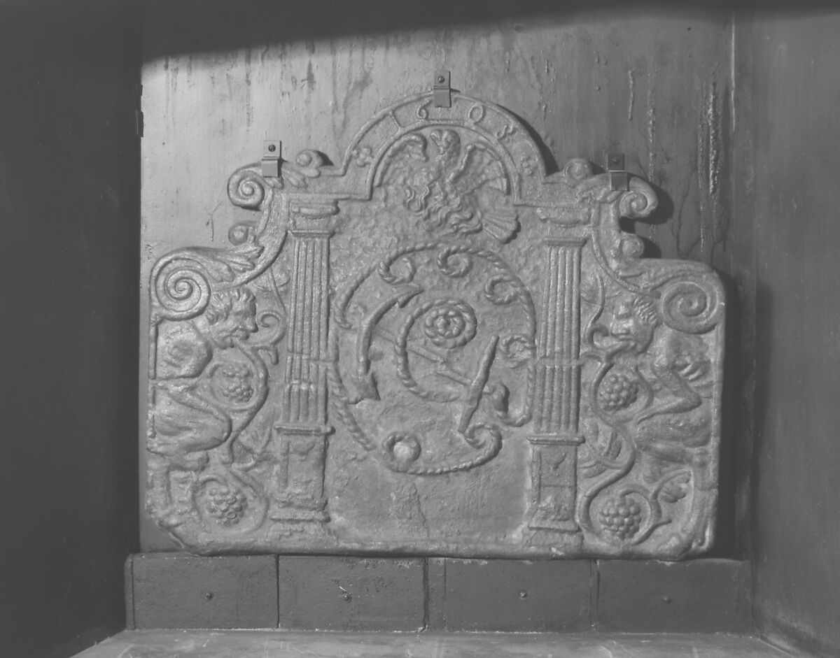 Fireback, Possibly by Nicholas Fowle (died 1634), Cast iron, British, Sussex 