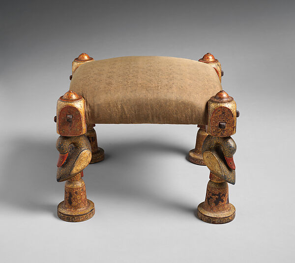 Stool, Lockwood de Forest (American, New York 1850–1932 Santa Barbara, California), painted wood, original upholstery, American, made in India 