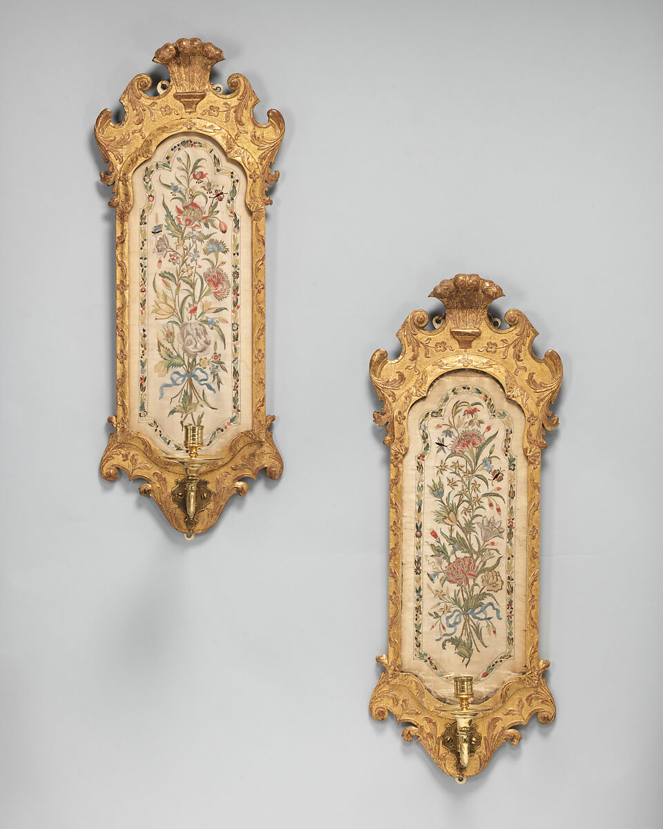 Pair of wall sconces, Gilt gesso on pine, gilt bronze and silk embroidery, British 