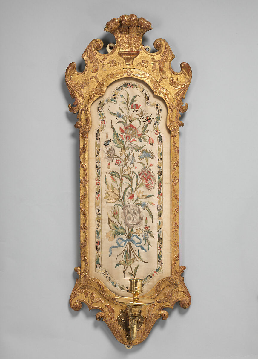 Pair of wall sconces, Gilt gesso on pine, gilt bronze and silk embroidery, British
