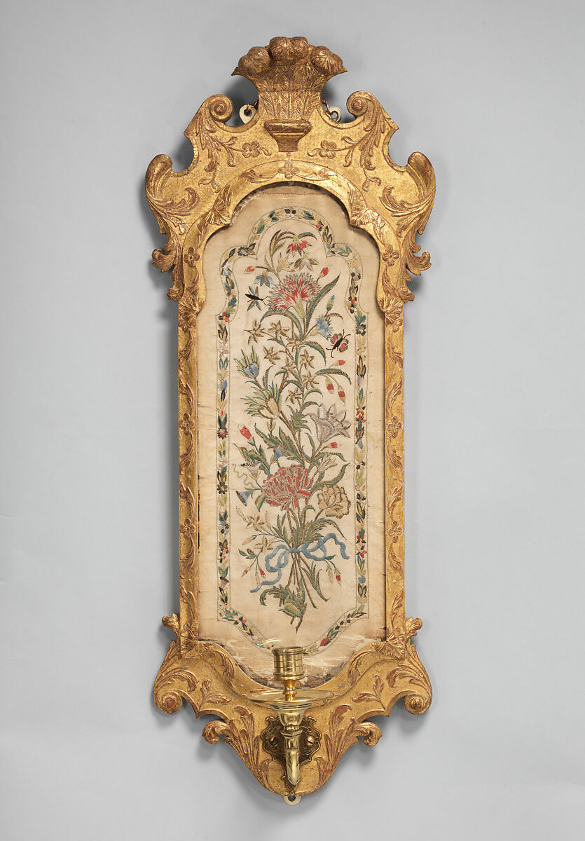 Pair of wall sconces, Gilt gesso on pine, gilt bronze and silk embroidery, British