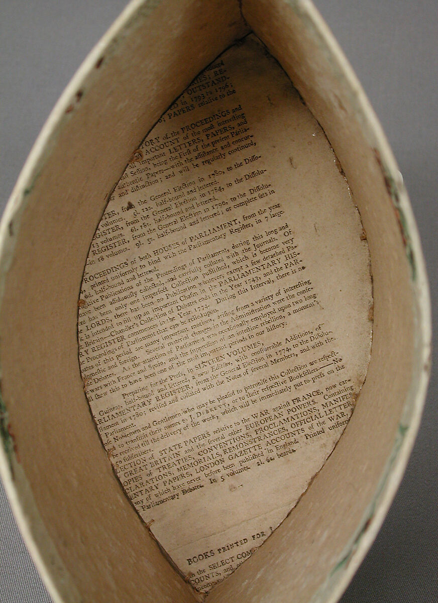 Tea caddy (one of a pair), Pine base, cover; paper, silk, British