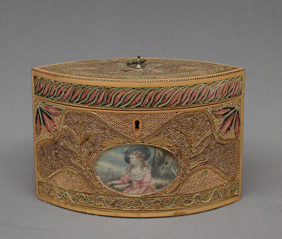 Tea caddy (one of a pair), Pine base, cover; paper, silk, British 