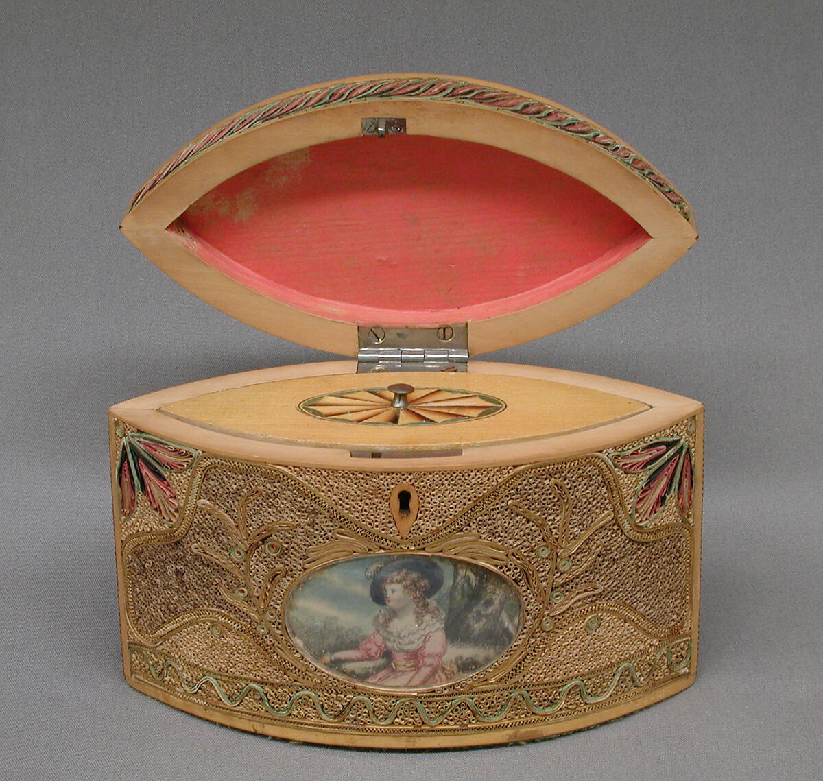 Tea caddy (one of a pair), Pine base, cover; paper, silk, British