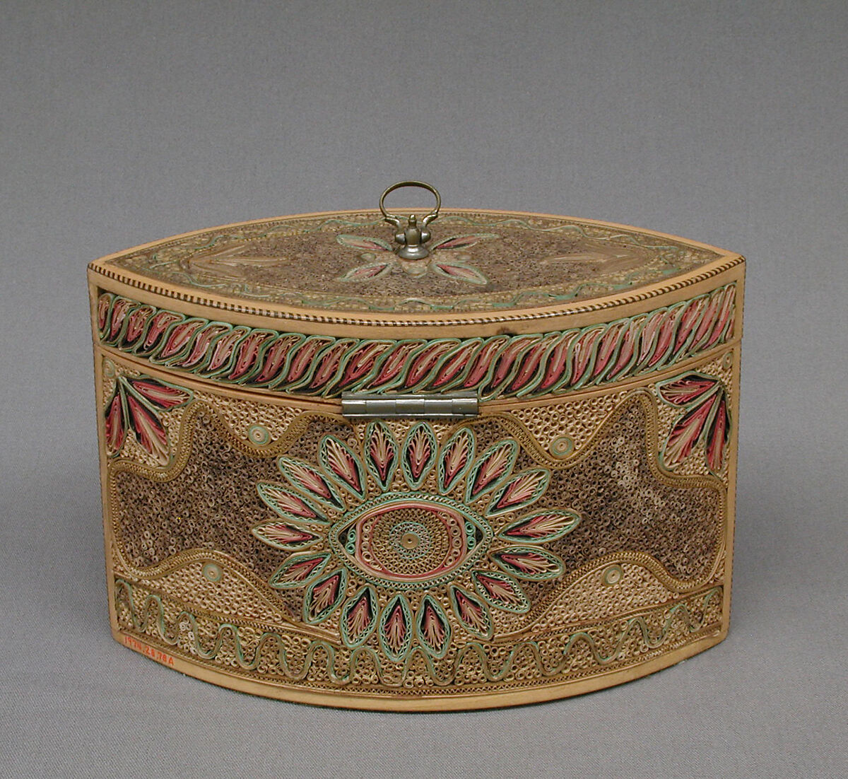 Tea caddy (one of a pair), Pine base, cover; paper, silk, British