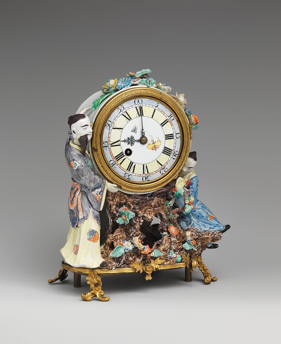 Mantel clock (pendule de cheminée), Movement by Benjamin Gray (British, 1676–1764), Case: soft-paste porcelain and gilded bronze; Dial: painted enamel; Movement: brass and steel, British, London with French, Chantilly case