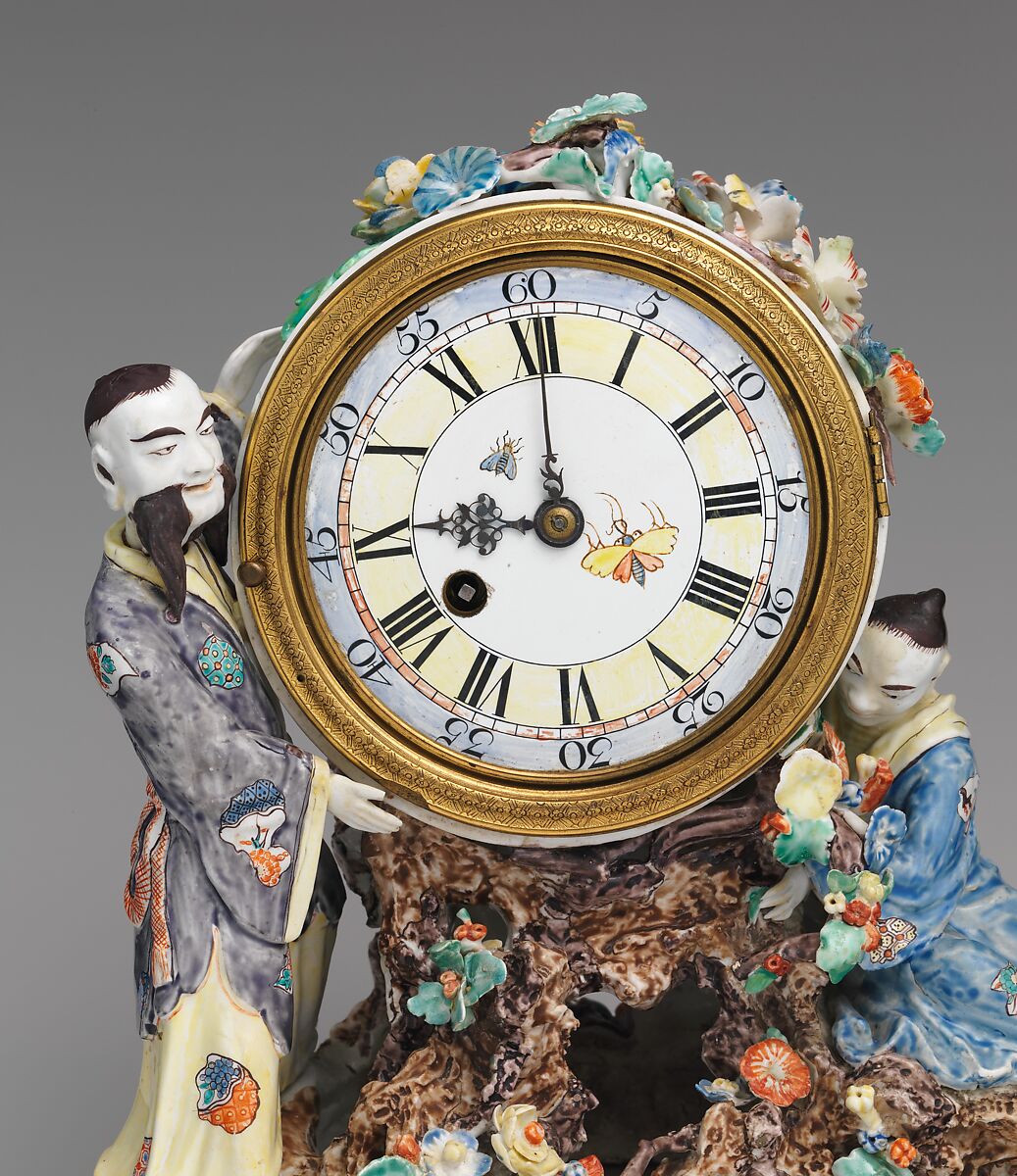 Mantel clock (pendule de cheminée), Movement by Benjamin Gray (British, 1676–1764), Case: soft-paste porcelain and gilded bronze; Dial: painted enamel; Movement: brass and steel, British, London with French, Chantilly case