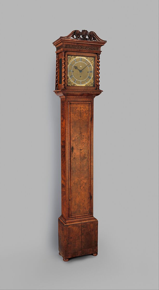 Longcase clock with calendar, Clockmaker: Joseph Knibb (British, 1640–1711), Case: walnut and oak veneered with walnut; dial: gilded and silvered brass; movement: brass, steel, British, London 