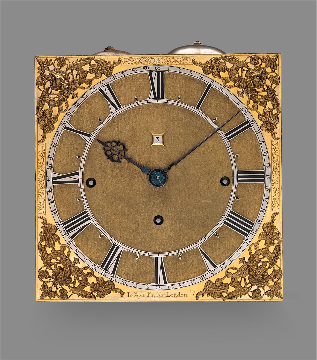 Longcase clock with calendar, Clockmaker: Joseph Knibb (British, 1640–1711), Case: walnut and oak veneered with walnut; dial: gilded and silvered brass; movement: brass, steel, British, London