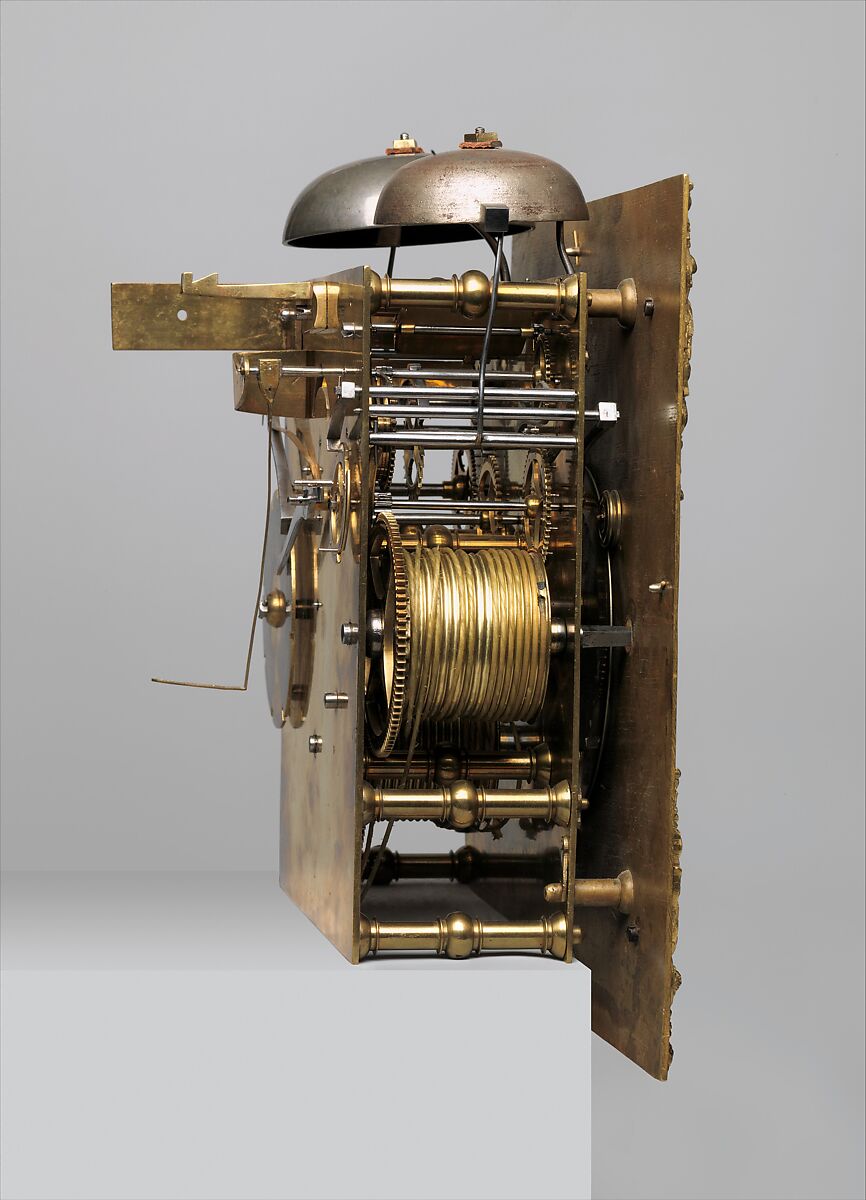 Longcase clock with calendar, Clockmaker: Joseph Knibb (British, 1640–1711), Case: walnut and oak veneered with walnut; dial: gilded and silvered brass; movement: brass, steel, British, London