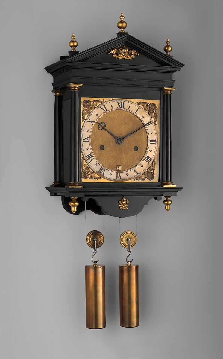 Hooded wall clock with calendar, Clockmaker: Ahasuerus I Fromanteel (British, Norwich, England 1607–1693), Case: ebony and oak veneered with ebony, ebonized wood, gilded brass; Dial: gilded brass with silvered-brass chapter ring; Movement: brass, steel, British, London 