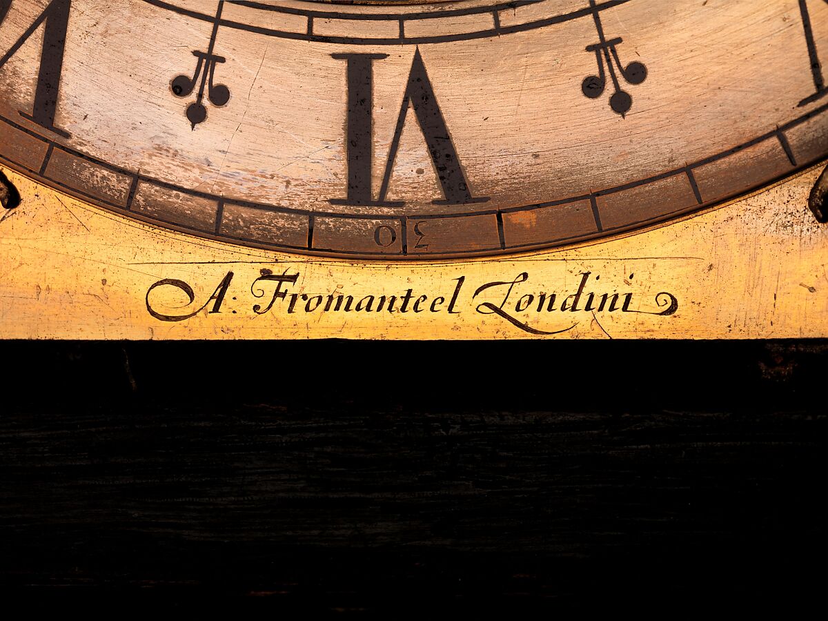 Hooded wall clock with calendar, Clockmaker: Ahasuerus I Fromanteel (British, Norwich, England 1607–1693), Case: ebony and oak veneered with ebony, ebonized wood, gilded brass; Dial: gilded brass with silvered-brass chapter ring; Movement: brass, steel, British, London