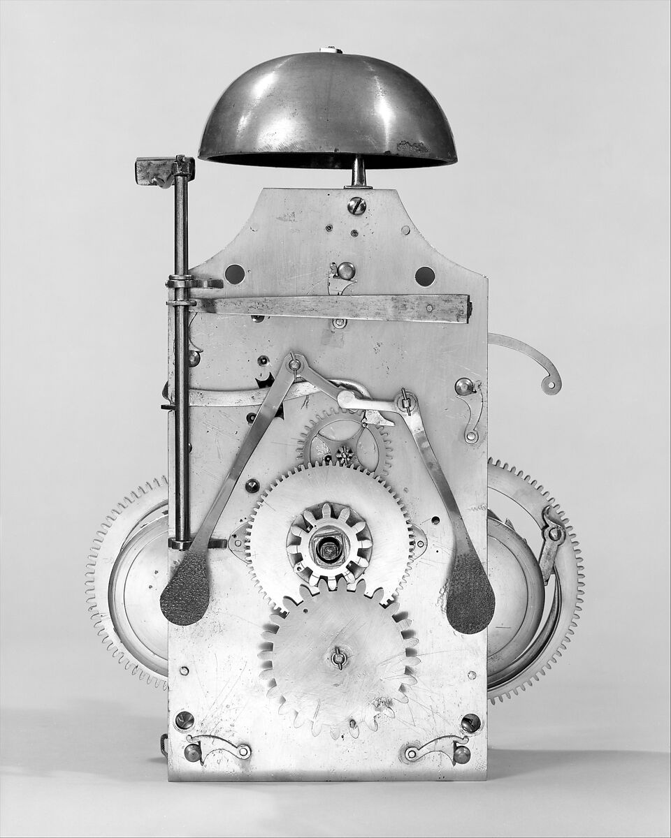Hooded wall clock with calendar, Clockmaker: Ahasuerus I Fromanteel (British, Norwich, England 1607–1693), Case: ebony and oak veneered with ebony, ebonized wood, gilded brass; Dial: gilded brass with silvered-brass chapter ring; Movement: brass, steel, British, London