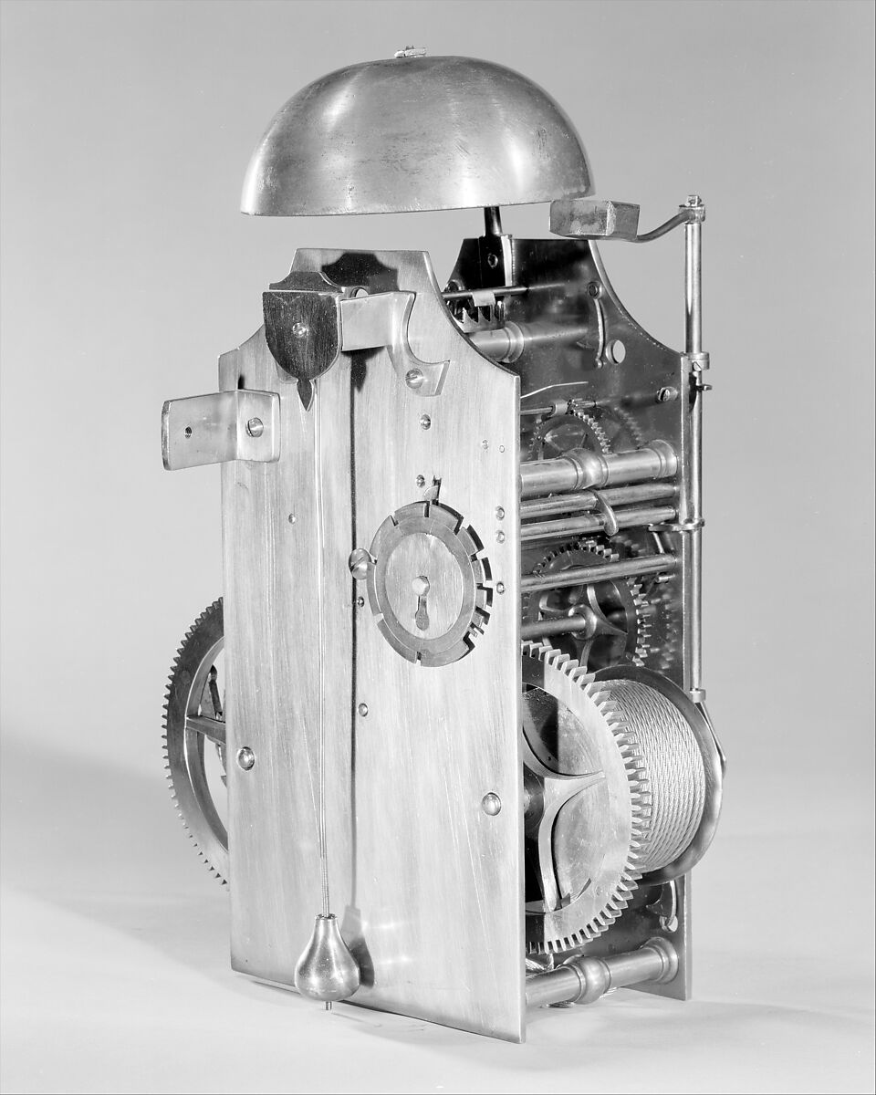 Hooded wall clock with calendar, Clockmaker: Ahasuerus I Fromanteel (British, Norwich, England 1607–1693), Case: ebony and oak veneered with ebony, ebonized wood, gilded brass; Dial: gilded brass with silvered-brass chapter ring; Movement: brass, steel, British, London