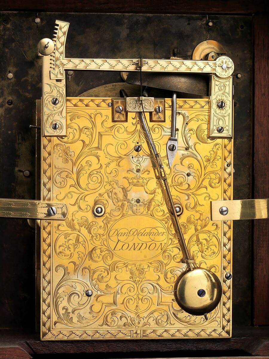 Table or bracket clock with calendar, Clockmaker: Daniel Delander (British, 1678–1733), Case: walnut, oak veneered with walnut and burl walnut; stained wooden moldings; and brass fittings; Dial: gilded and silvered brass; Movement: brass and steel, British, London