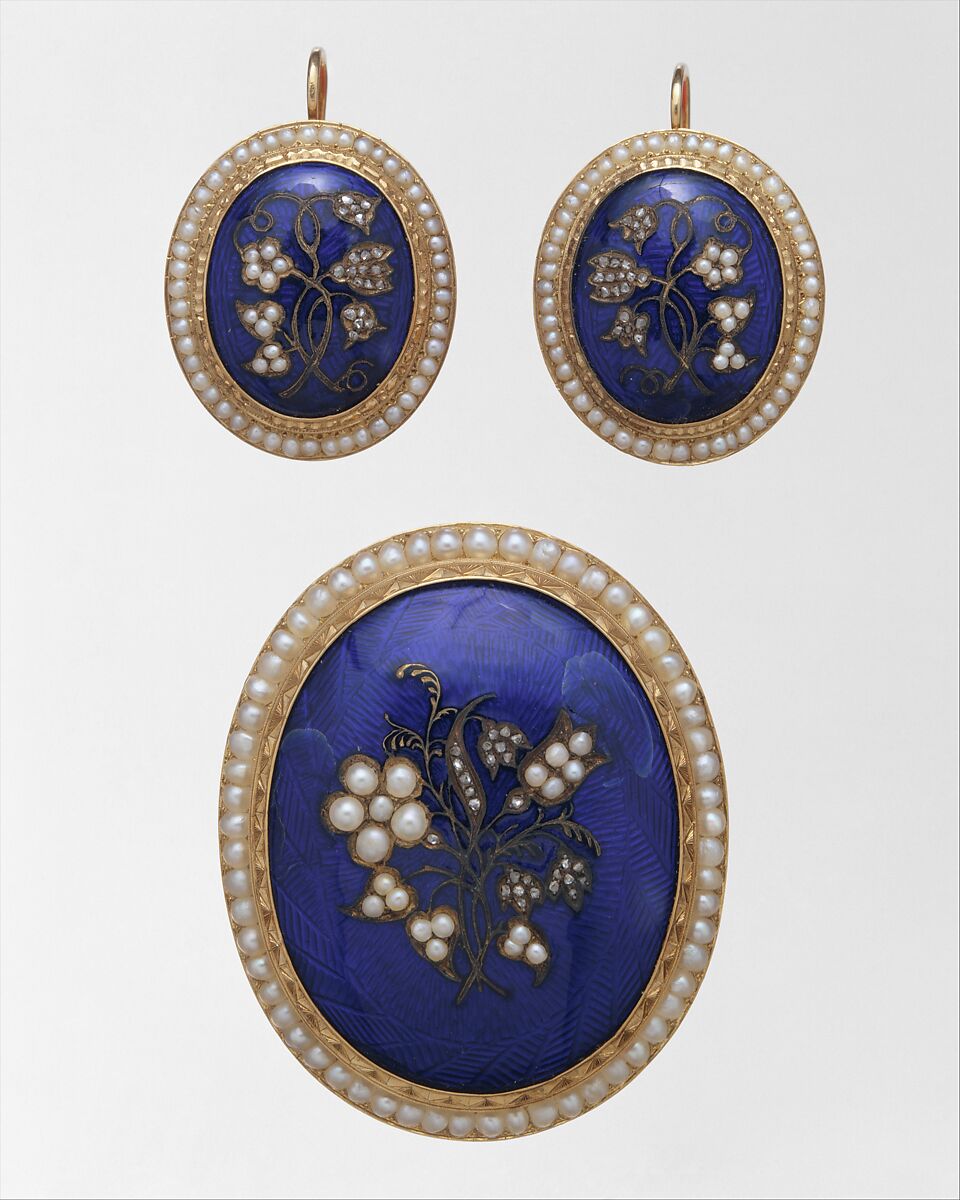 Earrings, Edward Burr (active 1838–68), Gold, pearls, diamonds, and enamel, American 
