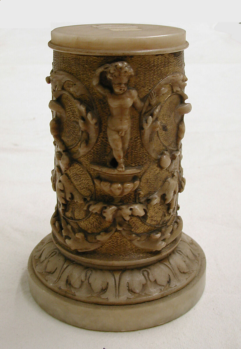 Pedestal (one of a pair), Alabaster, with traces of gilding, Italian 