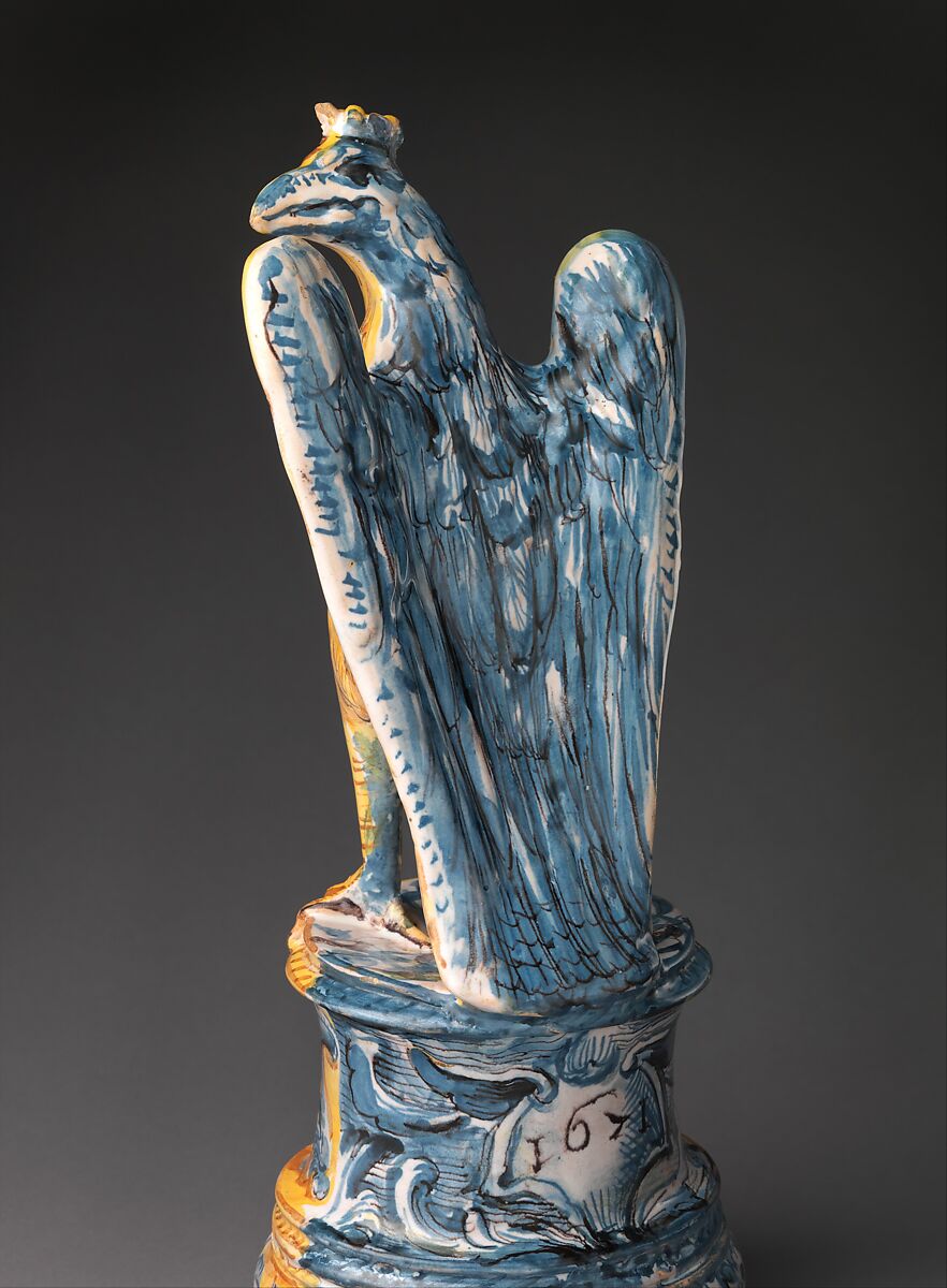 Crowned eagle (one of a pair), Perhaps Workshop of Ippolito Rombaldoni (Italian, active Urbania, Marche, 17th century), Maiolica (tin-glazed earthenware), Italian, probably Urbania or Rome