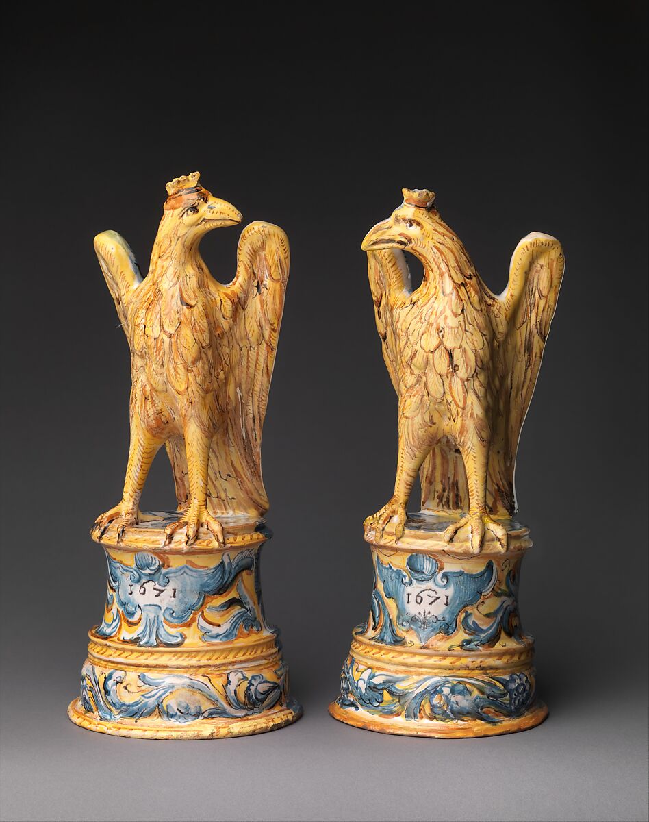 Crowned eagle (one of a pair), Perhaps Workshop of Ippolito Rombaldoni (Italian, active Urbania, Marche, 17th century), Maiolica (tin-glazed earthenware), Italian, probably Urbania or Rome 