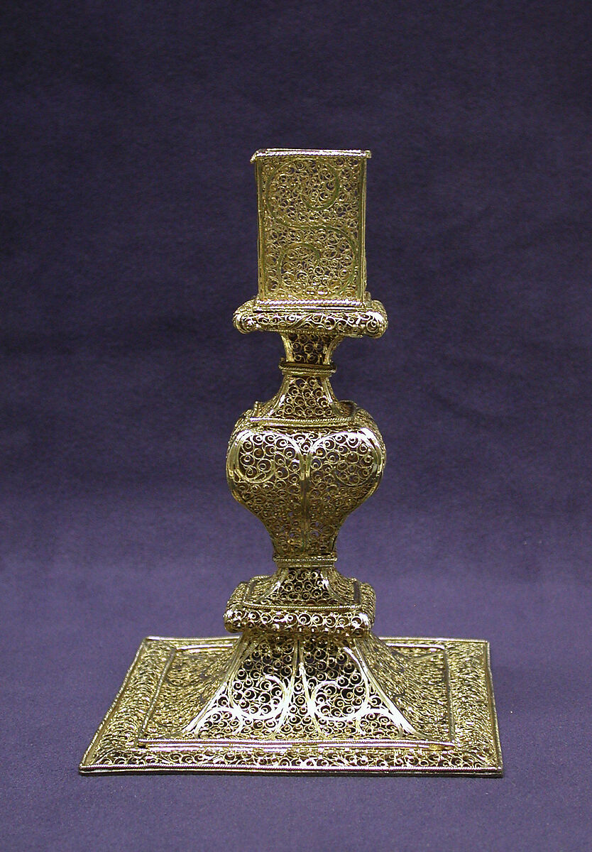 Pair of candlesticks, Silver-gilt filigree, British 