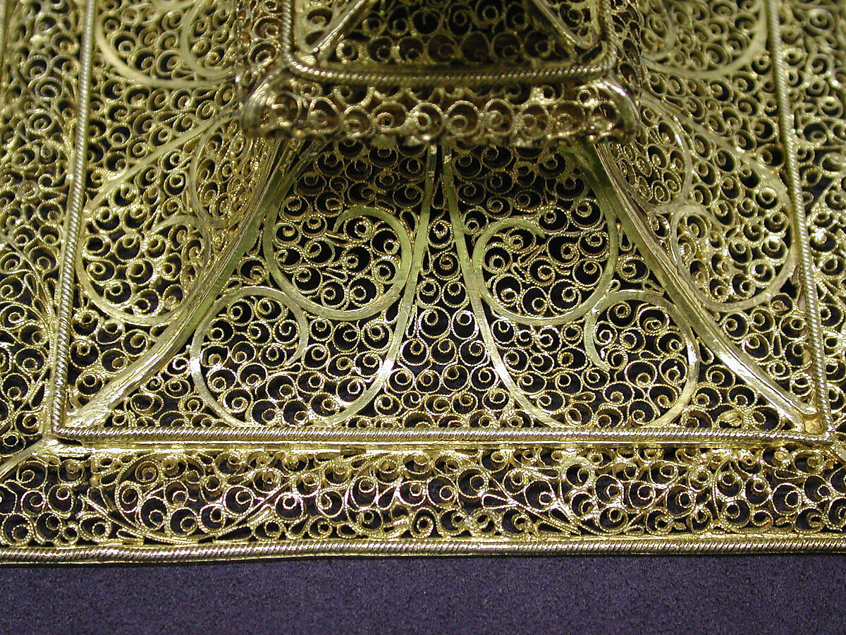 Pair of candlesticks, Silver-gilt filigree, British