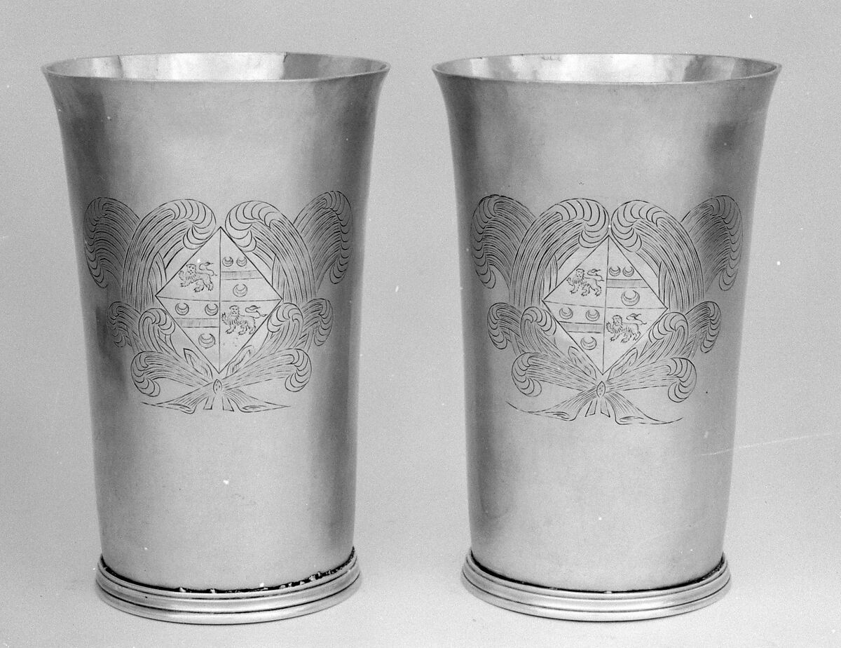 Pair of beakers, E. G., London (active 1669–81), Silver, British, London 