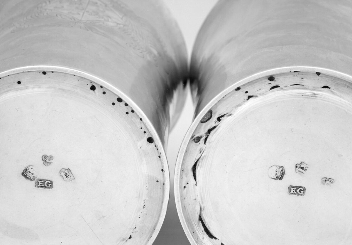 Pair of beakers, E. G., London (active 1669–81), Silver, British, London