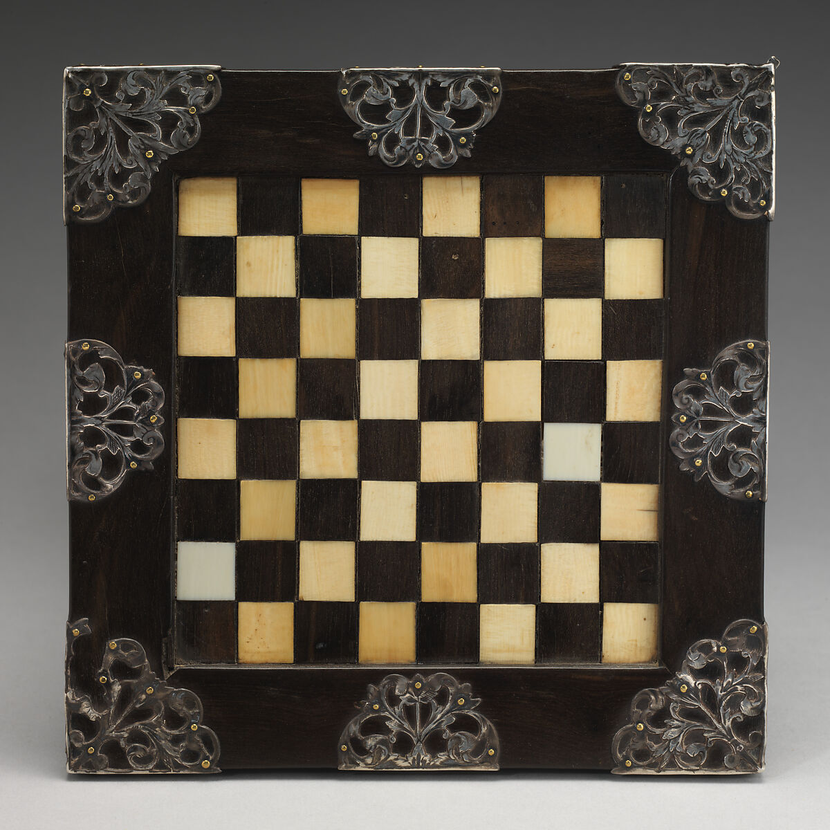 Chessboard, Ivory, ebony, silver, British 