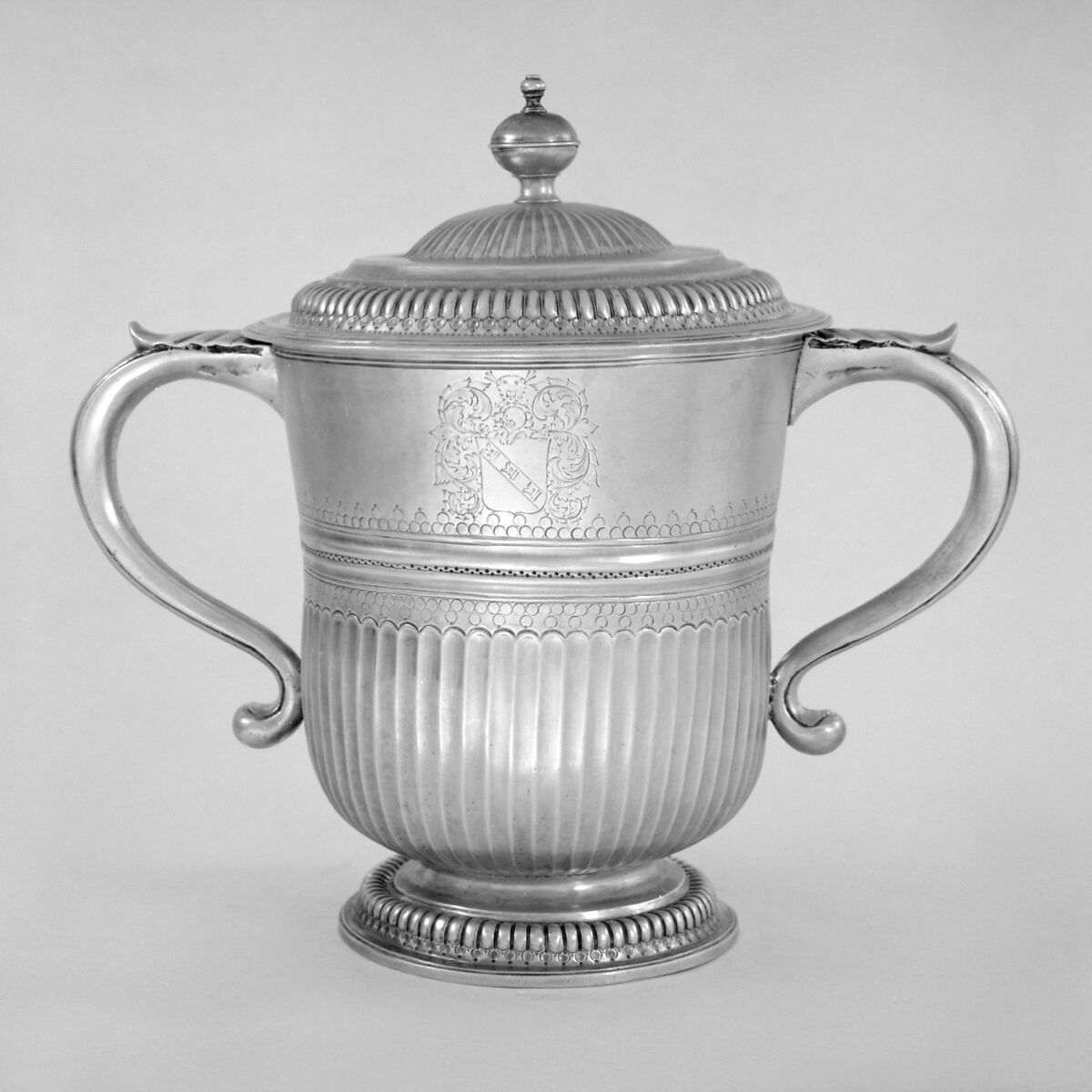 Two-handled cup with cover, Christopher Waggoner (active 1698–1702), Silver, Irish, Dublin 