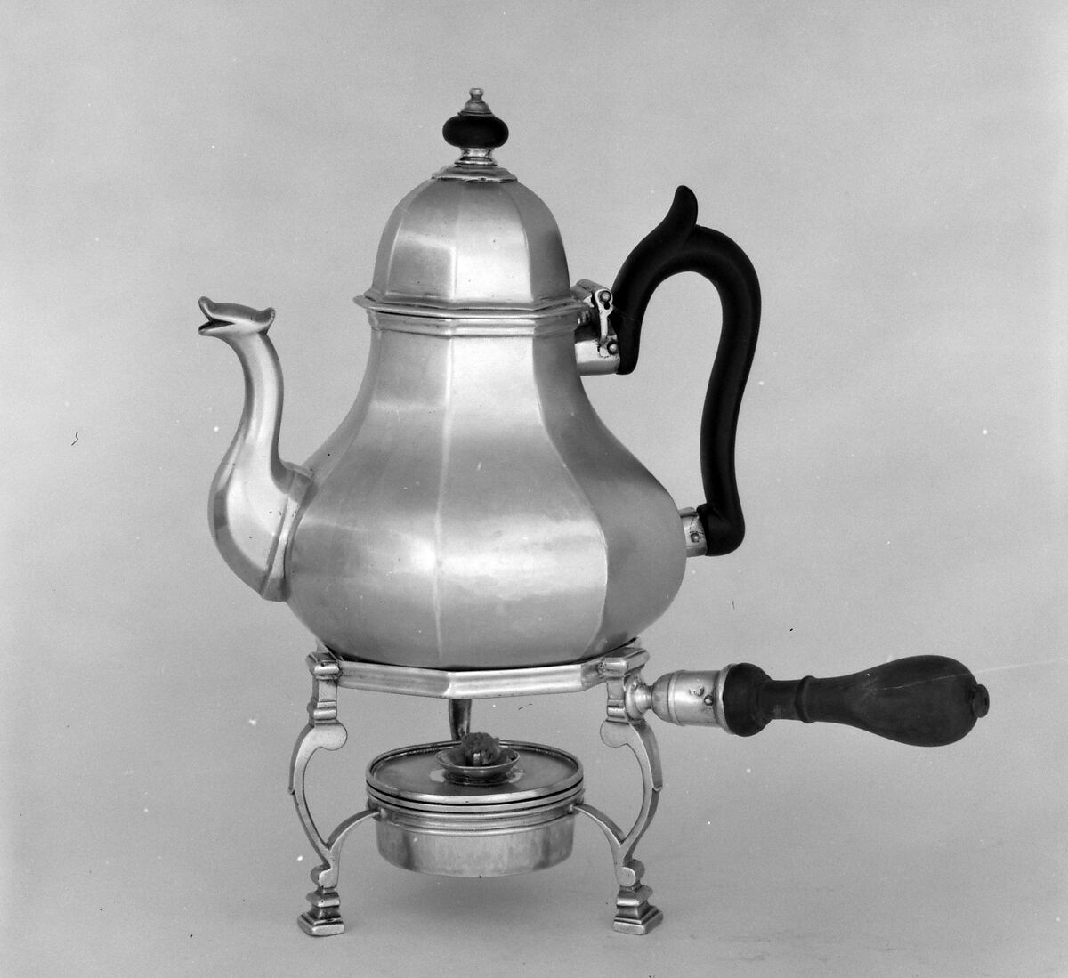 Teapot with lamp and lampstand, Jonathan Rand, Silver, British, London 