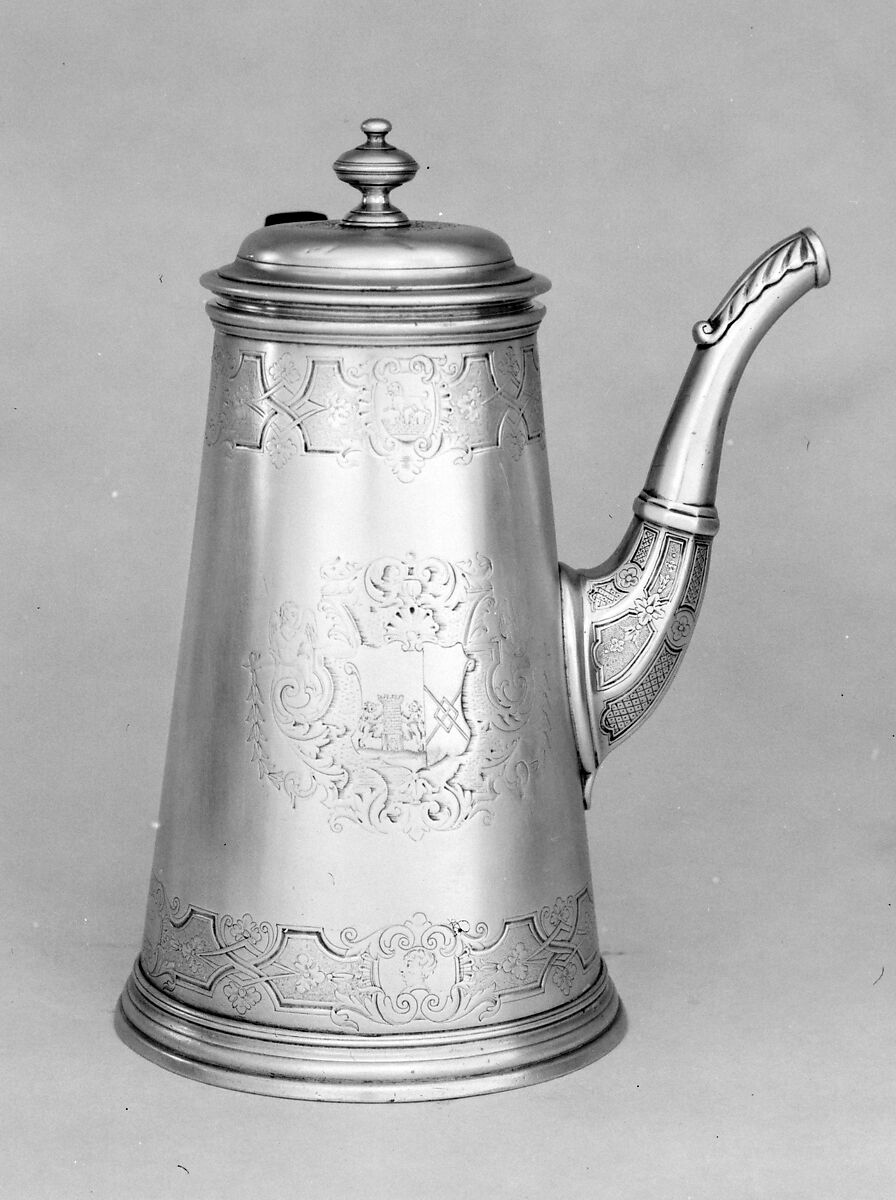 Coffeepot, Phillip Kinnersly (active 1716–after 1736), Silver, wood, Irish, Dublin