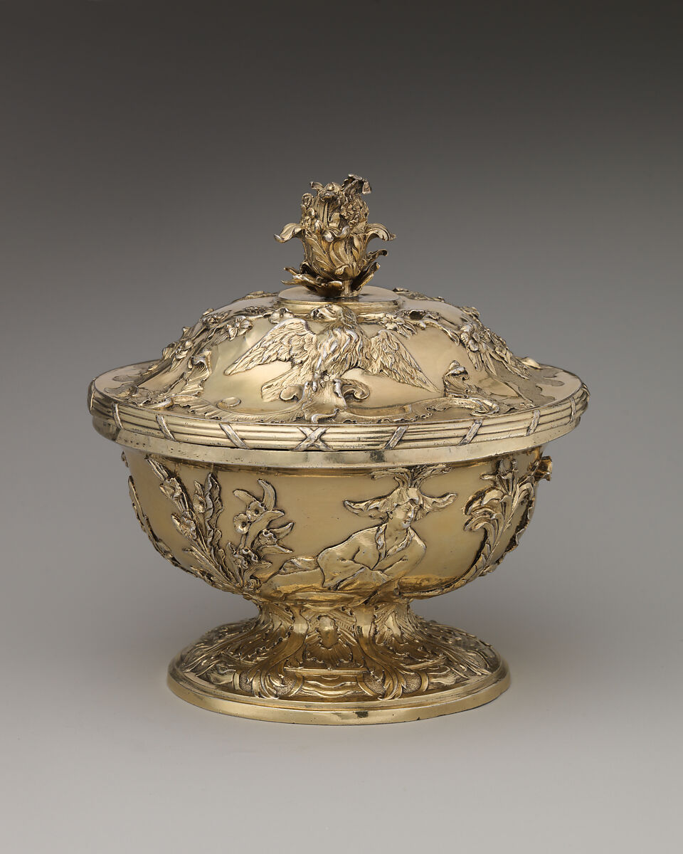 Bowl with cover, James Shruder (active London, 1737–49), Silver gilt, British, London 