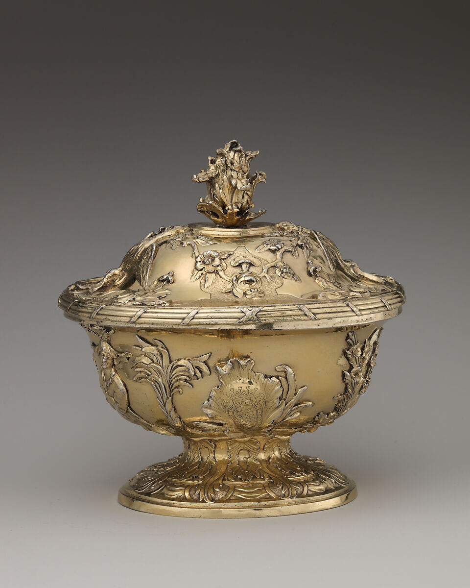 Bowl with cover, James Shruder (active London, 1737–49), Silver gilt, British, London