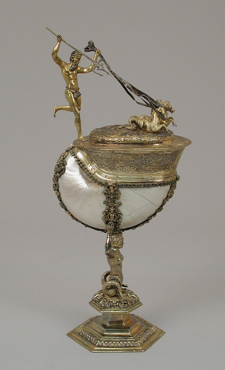 Nautilus cup, Friedrich Hillebrand (German, 1580–1608), Silver gilt, shell, German, Nuremberg 