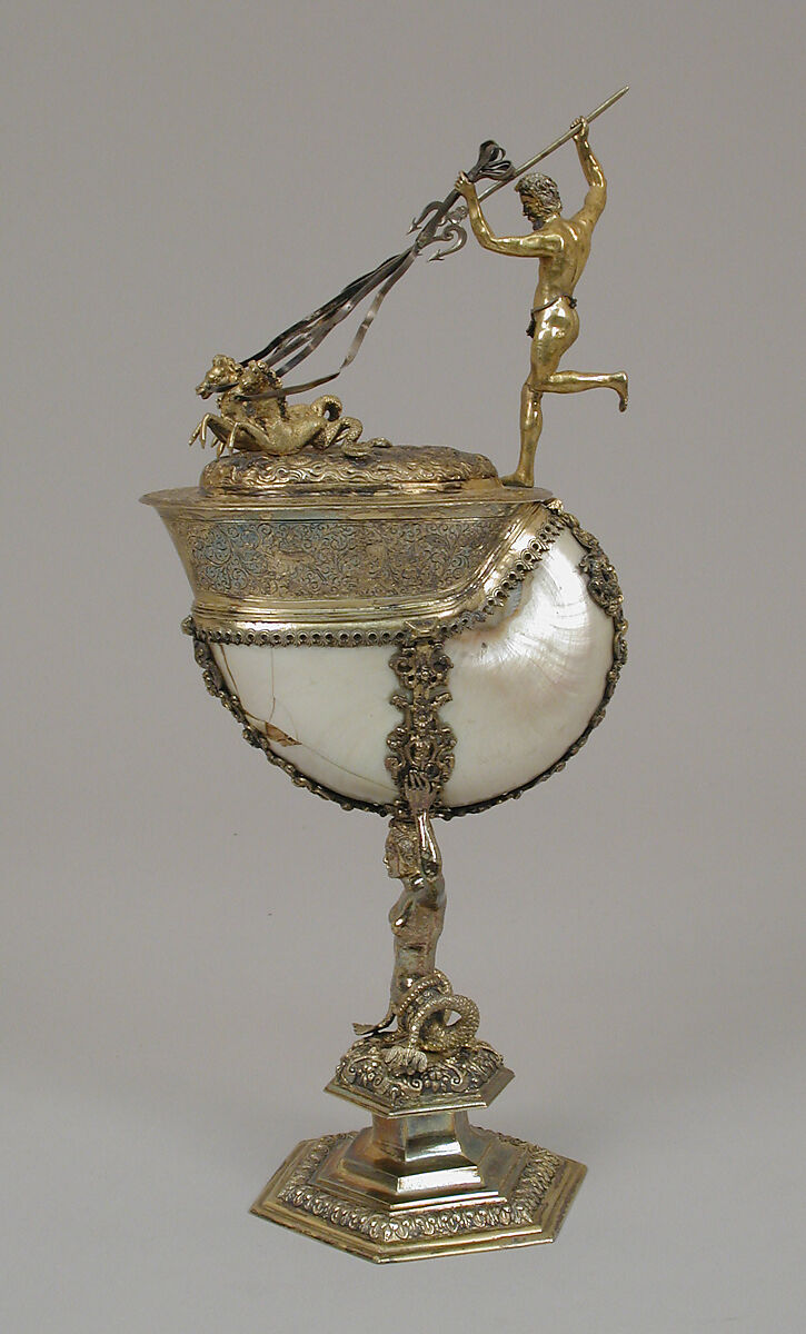 Nautilus cup, Friedrich Hillebrand (German, 1580–1608), Silver gilt, shell, German, Nuremberg