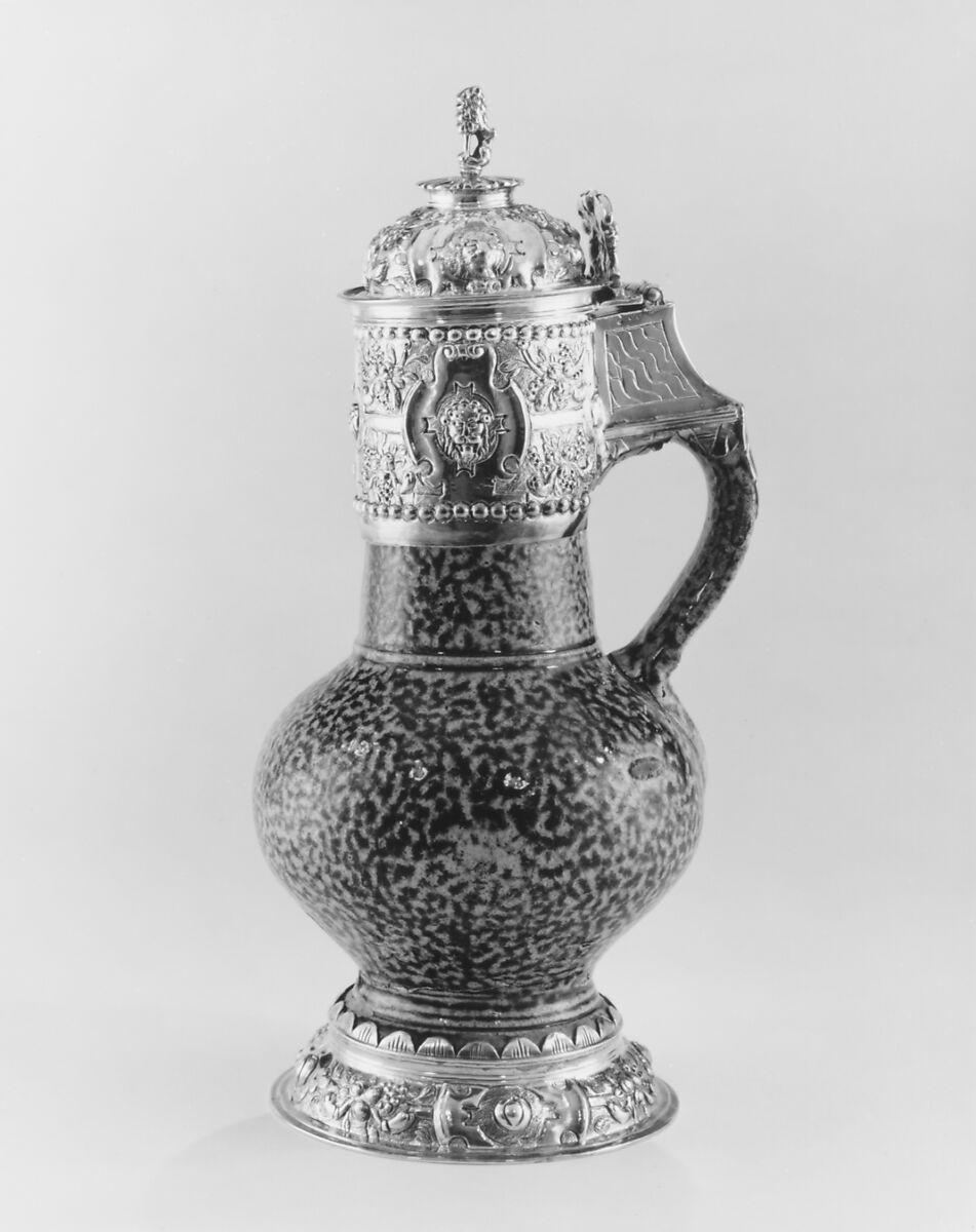 Jug, C. Eston, Stoneware, silver parcel-gilt, British, Exeter 