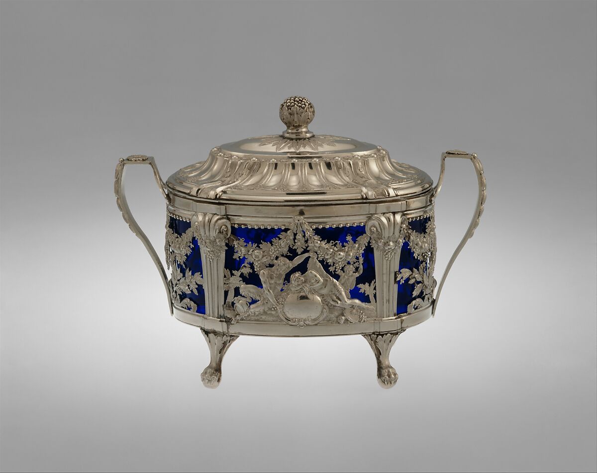 Sugar bowl, Marc-Etienne Janety (French, 1739–1820, master 1777), Platinum, blue glass, French, Paris 