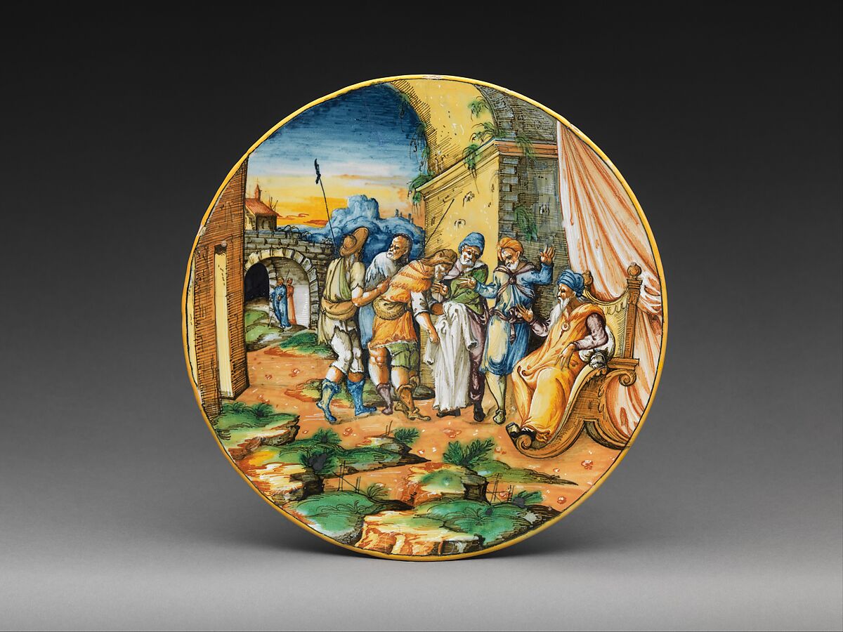 Plate with Jacob Is Shown Joseph’s Coat, Probably painted by Gironimo Tomasi (Italian, active Urbino, Albisola, and Lyons, died 1602), Maiolica (tin-glazed earthenware), Italian, probably Urbino 