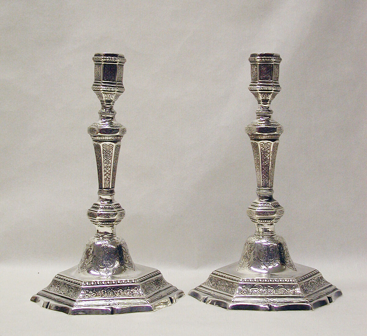 Pair of candlesticks, Possibly Claude Roysard (died by 1753), Silver, French, Rennes 