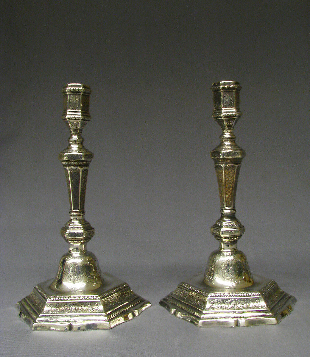 Pair of candlesticks, Possibly Claude Roysard (died by 1753), Silver, French, Rennes