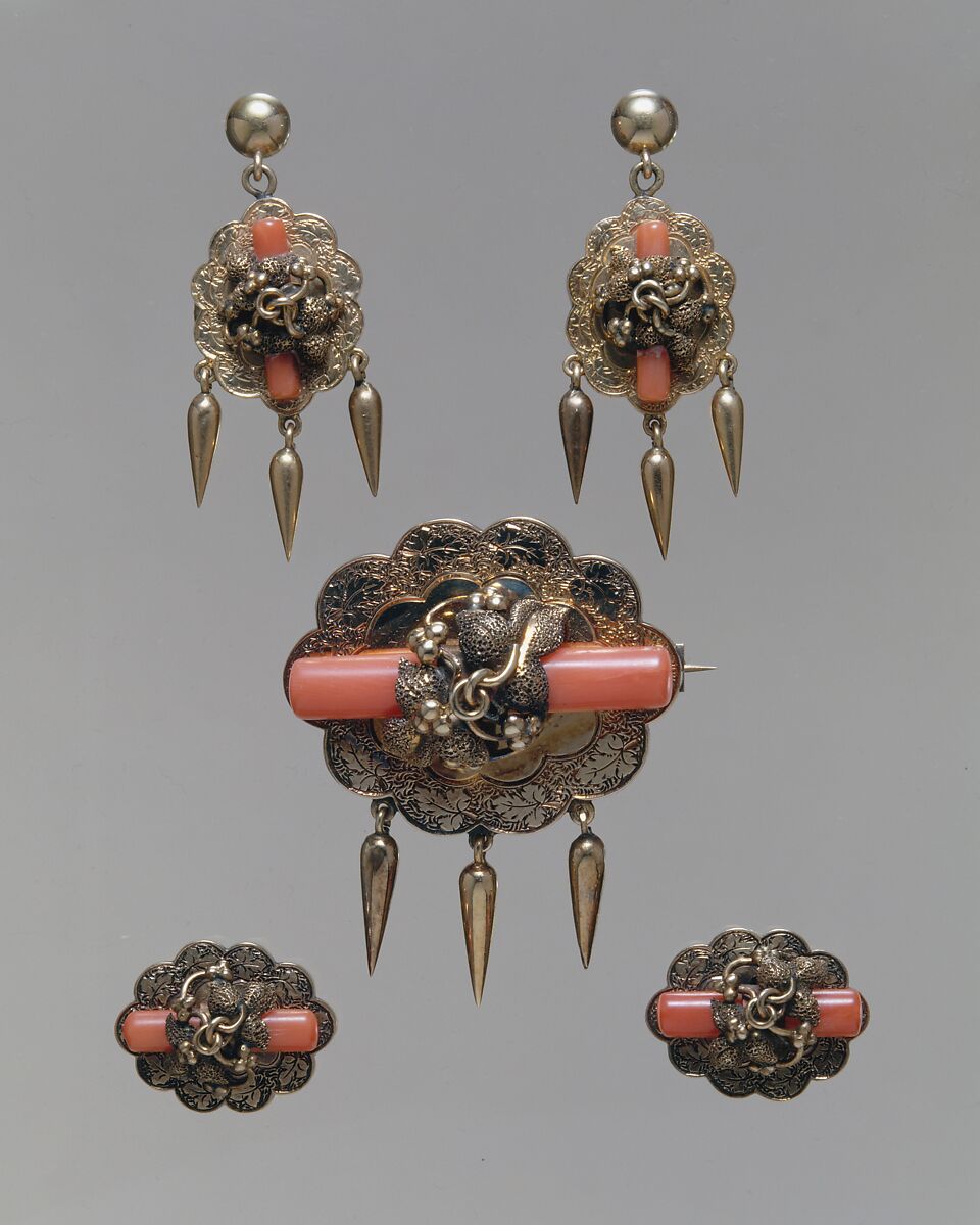 Studs, Ball, Black &amp; Co. (American, New York, 1851–1874), Gold and coral, American 
