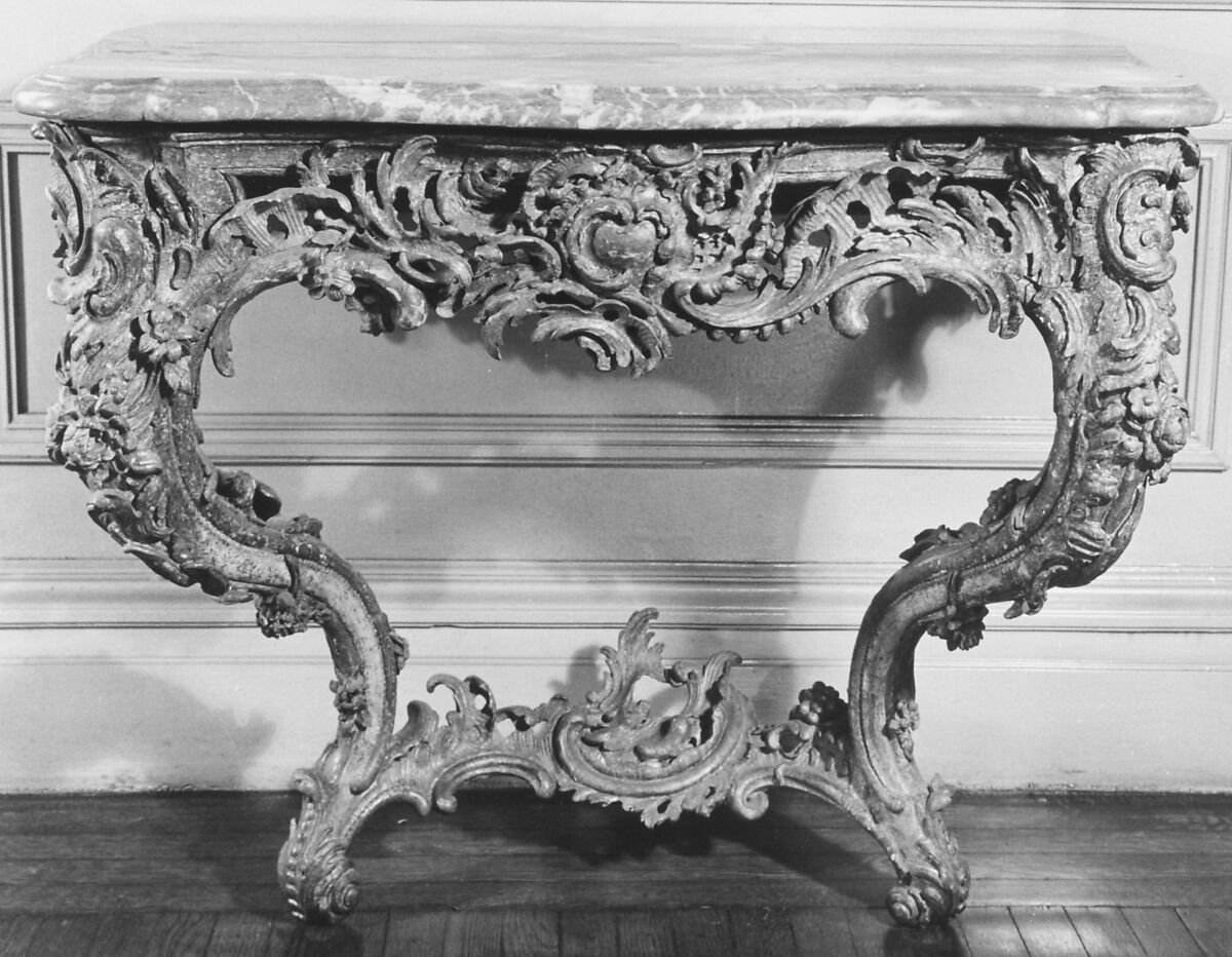 Console table, Carved and partly silvered wood (pine cross bars and back; carved areas lindenwood); fleur-de-pêcher marble top, German 