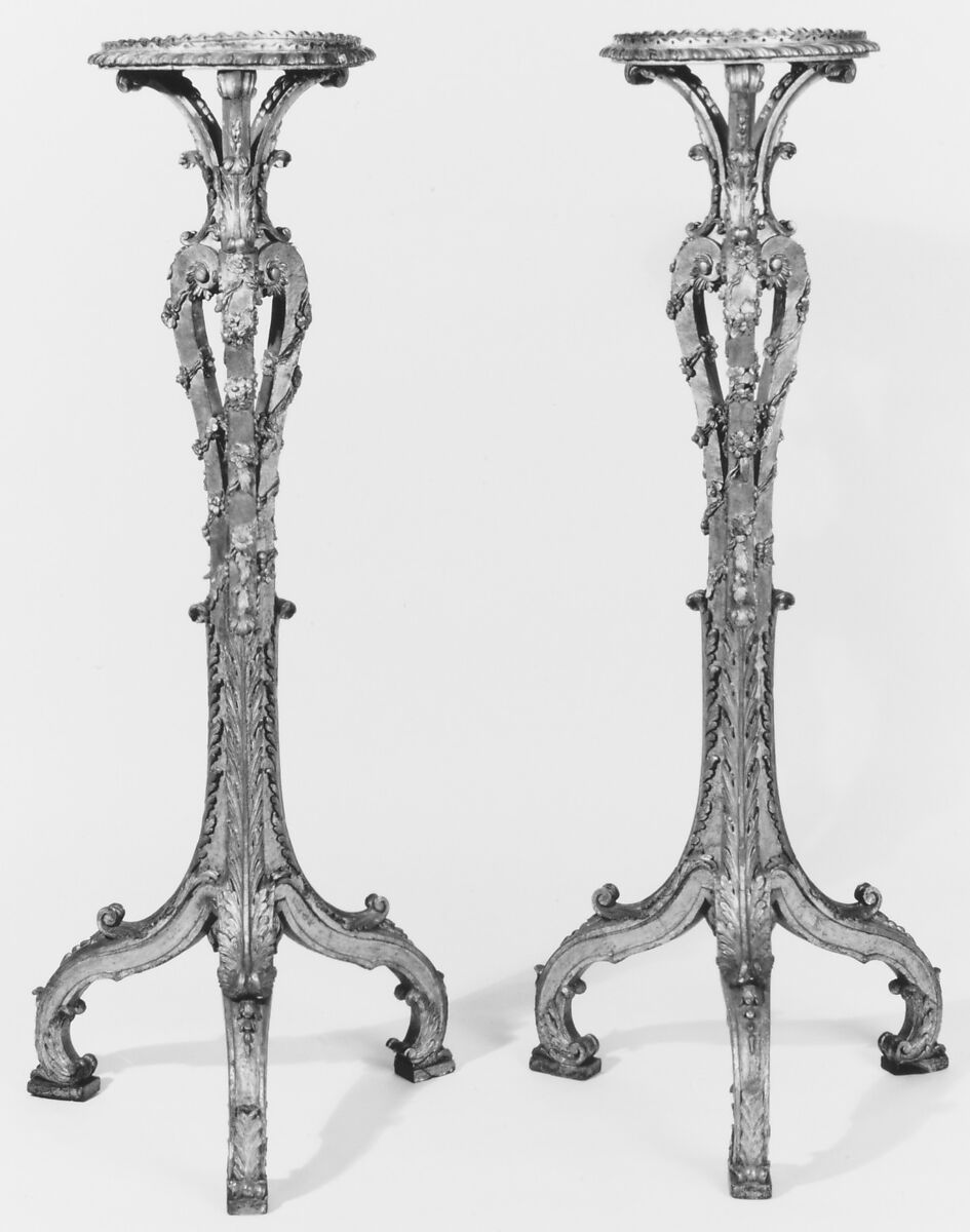 Pair of tripod candlestands (torchères), Design possibly inspired by François de Cuvilliés the Younger (German, 1731–1777)  , from his Livre d'Ornaments, published in Munich ca. 1745–46, Carved and gilded pine, German 