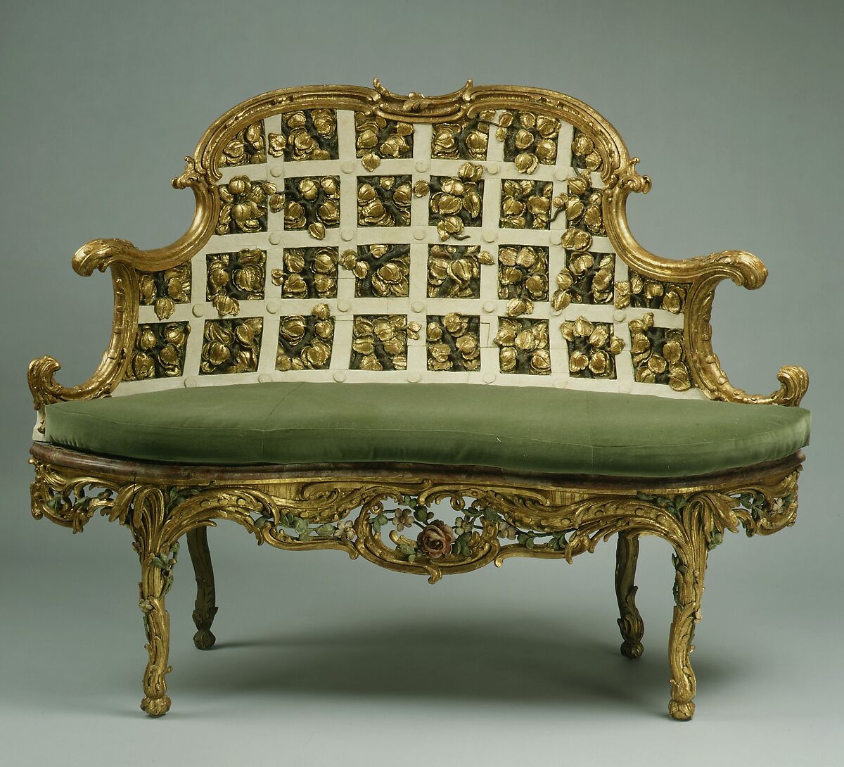 Settee (one of a pair) (part of a set), Johann Michael Bauer  German (born Westheim), Carved, painted and gilded linden wood; squab pillow in silk velvet (not original), German, Würzberg