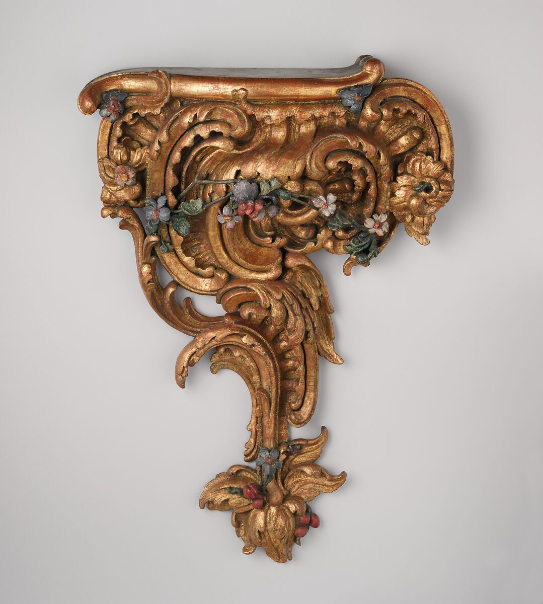 Pair of wall brackets, Carved, painted and gilded basswood, German, Würzburg 