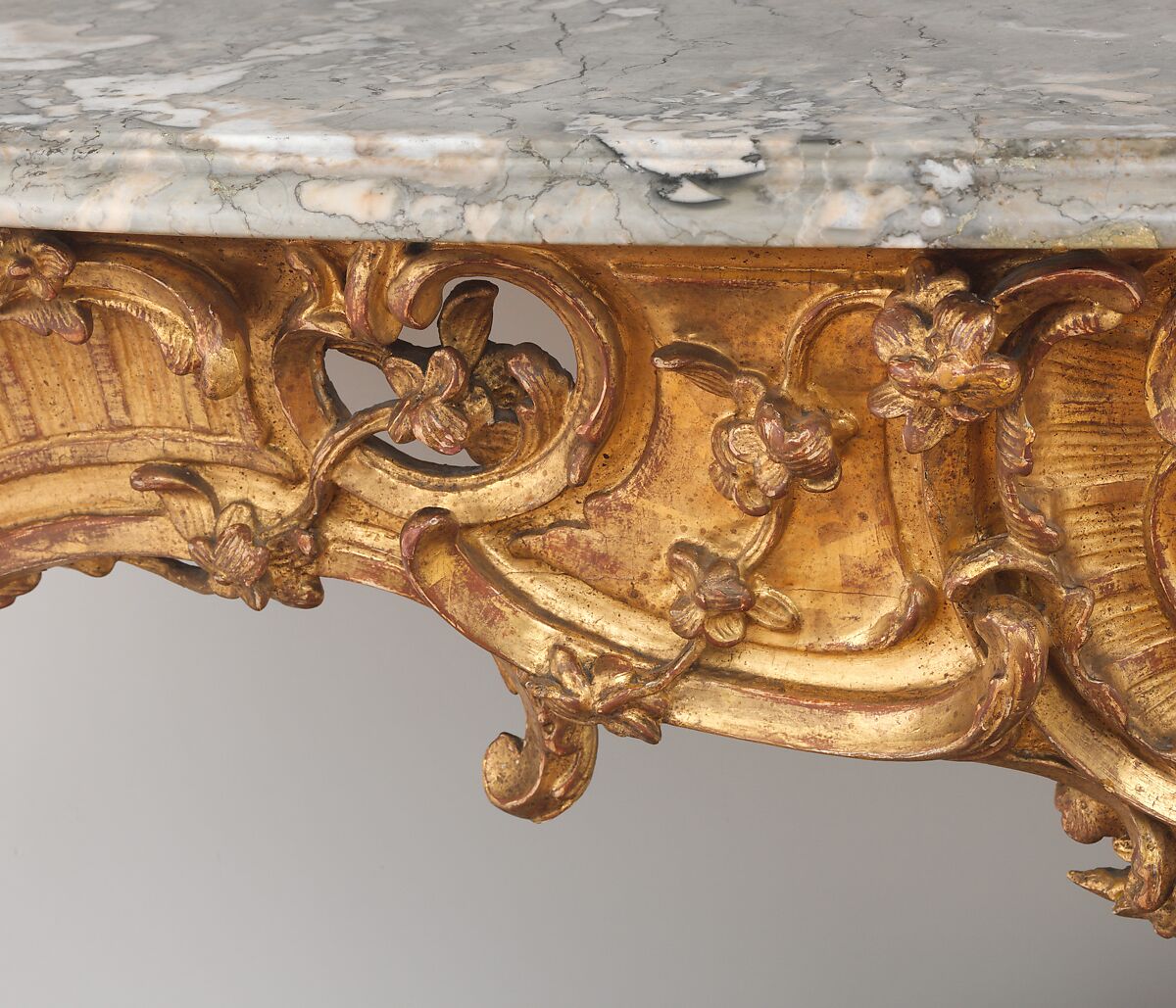 Console table, Carved and gilded oak and limewood; legs and apron of oak; double stretcher of linden wood; greenish gray and reddish brecciated marble top, German, Bayreuth