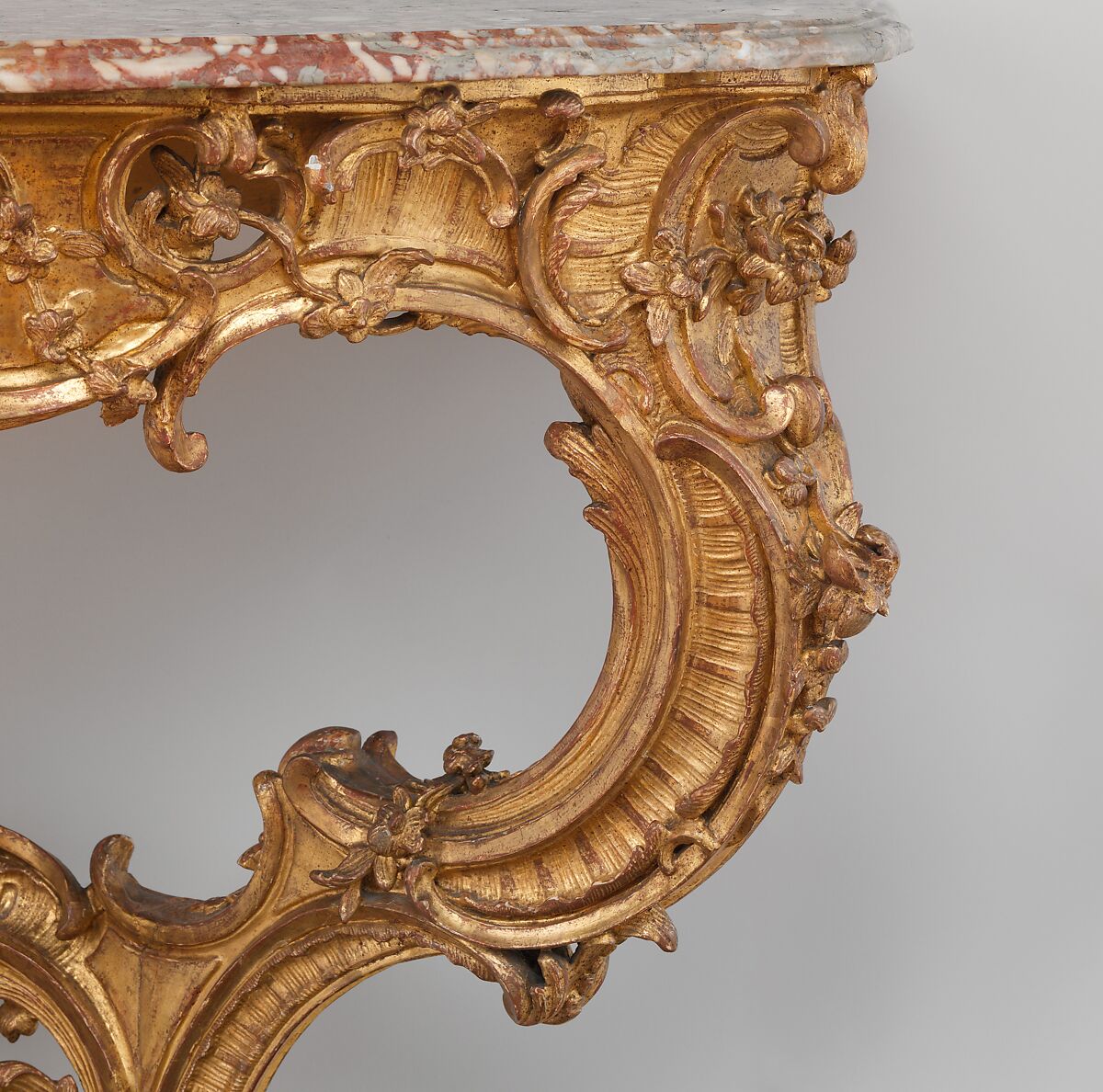 Console table, Carved and gilded oak and limewood; legs and apron of oak; double stretcher of linden wood; greenish gray and reddish brecciated marble top, German, Bayreuth