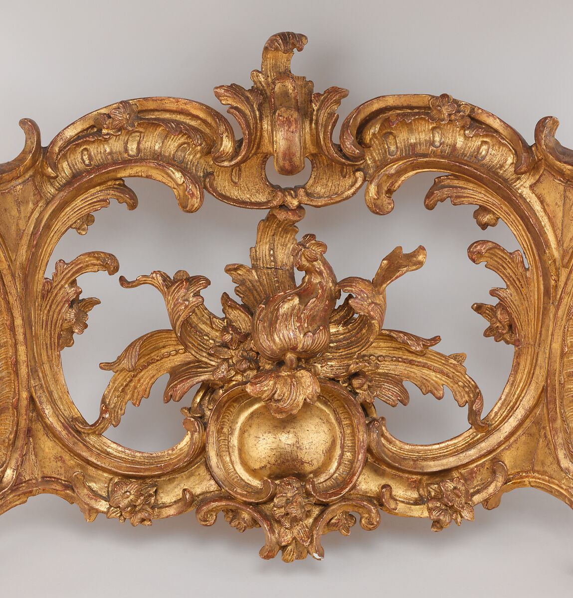 Console table, Carved and gilded oak and limewood; legs and apron of oak; double stretcher of linden wood; greenish gray and reddish brecciated marble top, German, Bayreuth